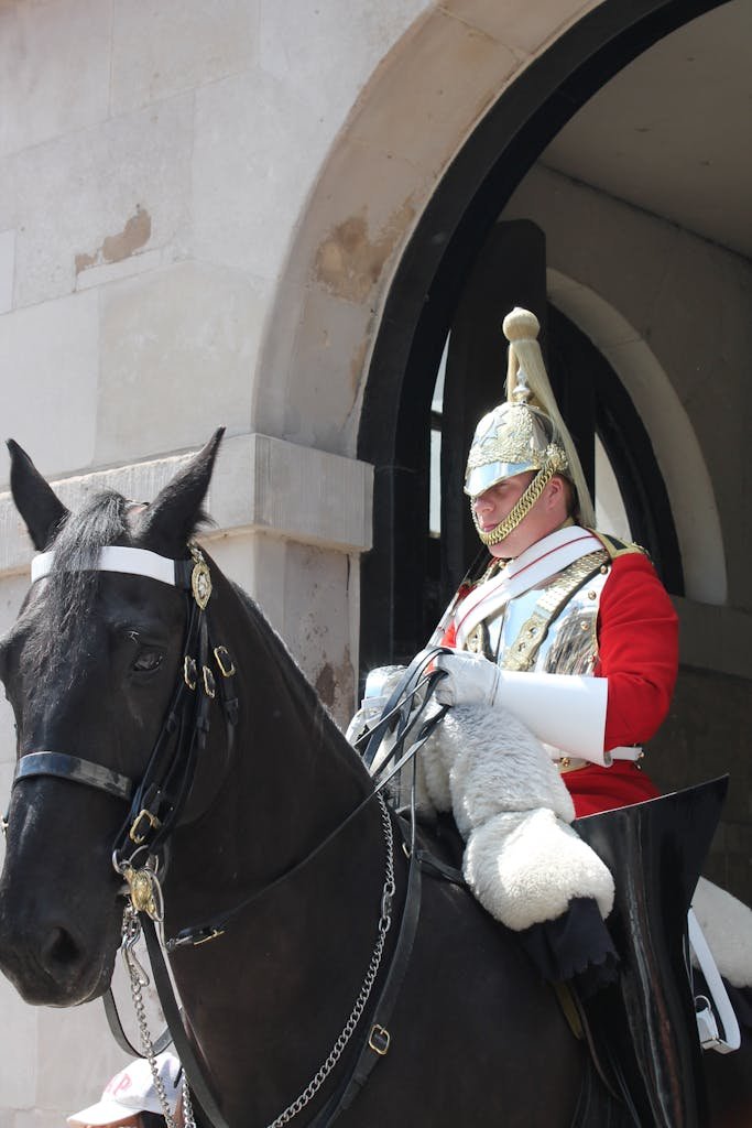 British ceremonial guard in red uniform riding black horse at historical site.
